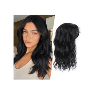 16" Hair Topper Natural Black Wavy Wiglet Silk Base Everyday Clip-In Extensions